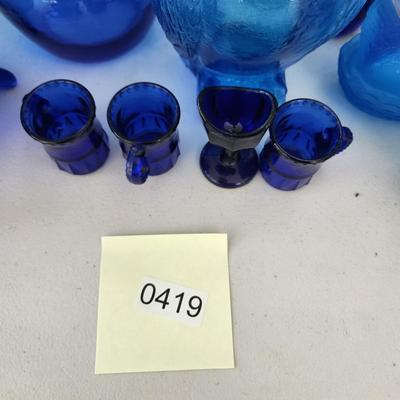 Large Lot of Blue Glassware Vases , Owl Pitcher, and others