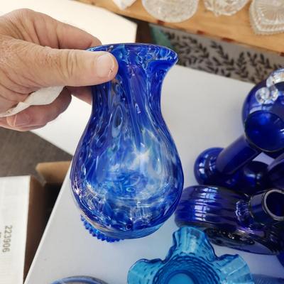 Large Lot of Blue Glassware Vases , Owl Pitcher, and others