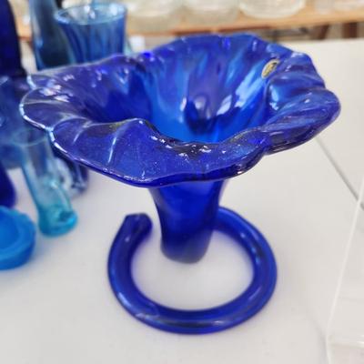 Large Lot of Blue Glassware Vases , Owl Pitcher, and others