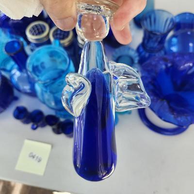 Large Lot of Blue Glassware Vases , Owl Pitcher, and others