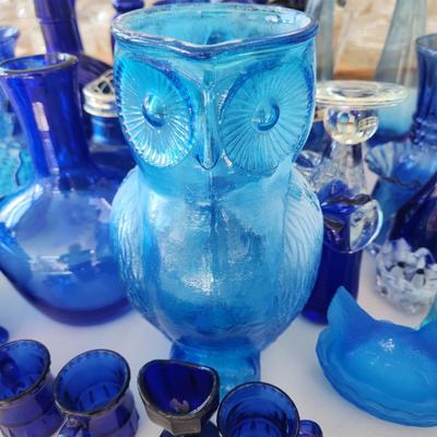 Large Lot of Blue Glassware Vases , Owl Pitcher, and others