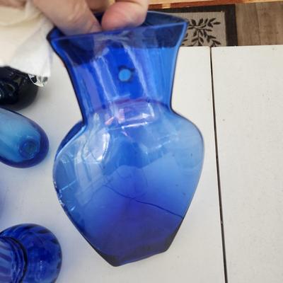 Large Lot of Blue Glassware Vases , Owl Pitcher, and others