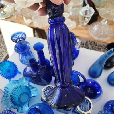 Large Lot of Blue Glassware Vases , Owl Pitcher, and others