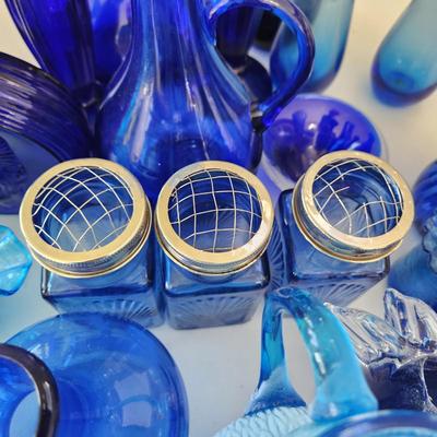 Large Lot of Blue Glassware Vases , Owl Pitcher, and others