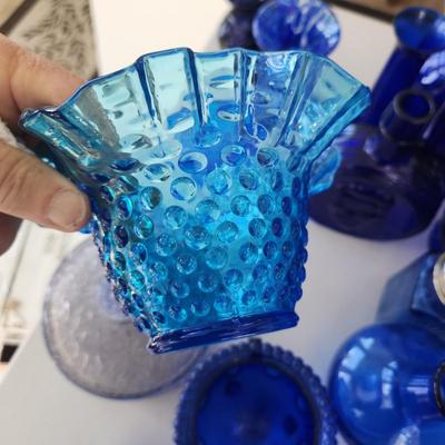 Large Lot of Blue Glassware Vases , Owl Pitcher, and others