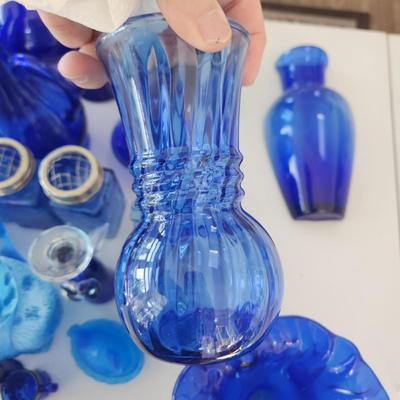 Large Lot of Blue Glassware Vases , Owl Pitcher, and others