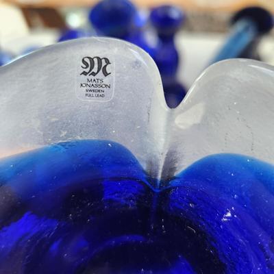 Large Lot of Blue Glassware Vases , Owl Pitcher, and others