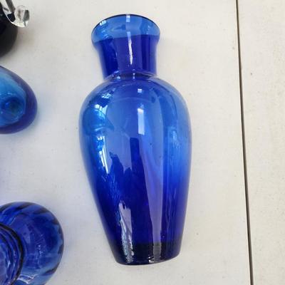 Large Lot of Blue Glassware Vases , Owl Pitcher, and others