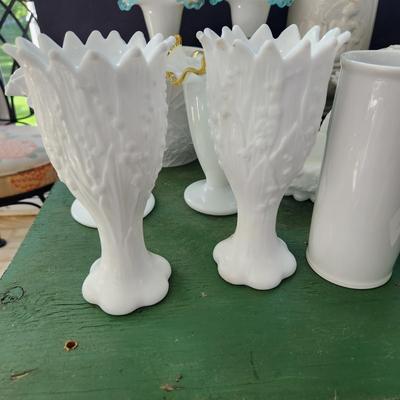 Large Lot of Milk Glass Glassware , Fenton Vases , Bowls, Cover Dishes , Chicken