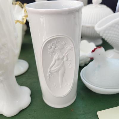 Large Lot of Milk Glass Glassware , Fenton Vases , Bowls, Cover Dishes , Chicken