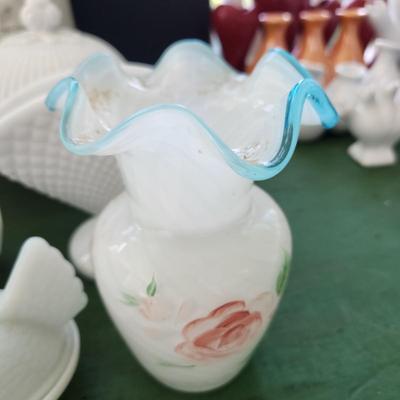 Large Lot of Milk Glass Glassware , Fenton Vases , Bowls, Cover Dishes , Chicken