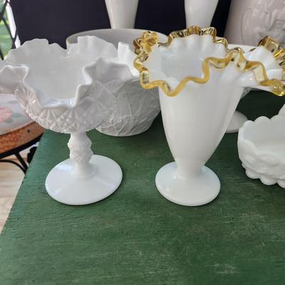 Large Lot of Milk Glass Glassware , Fenton Vases , Bowls, Cover Dishes , Chicken