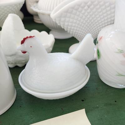 Large Lot of Milk Glass Glassware , Fenton Vases , Bowls, Cover Dishes , Chicken