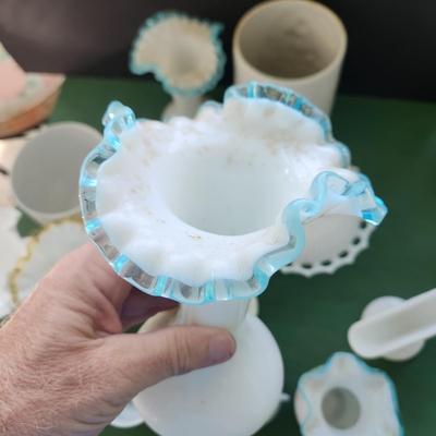 Large Lot of Milk Glass Glassware , Fenton Vases , Bowls, Cover Dishes , Chicken