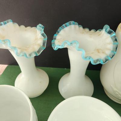 Large Lot of Milk Glass Glassware , Fenton Vases , Bowls, Cover Dishes , Chicken