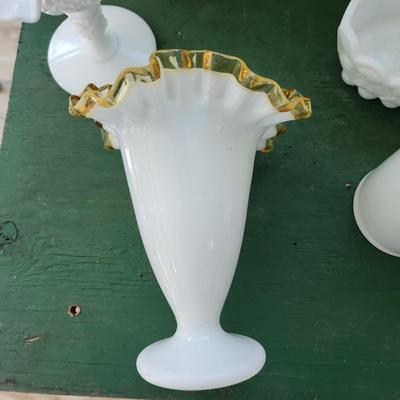 Large Lot of Milk Glass Glassware , Fenton Vases , Bowls, Cover Dishes , Chicken