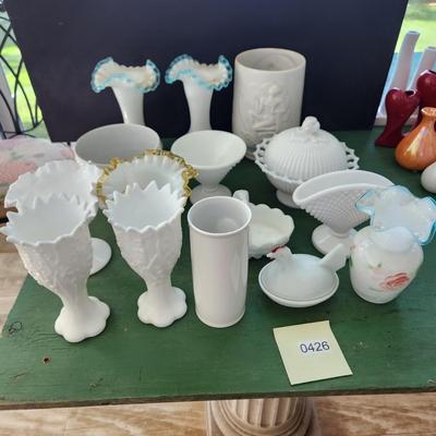 Large Lot of Milk Glass Glassware , Fenton Vases , Bowls, Cover Dishes , Chicken