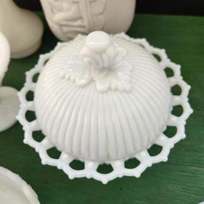 Large Lot of Milk Glass Glassware , Fenton Vases , Bowls, Cover Dishes , Chicken