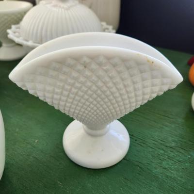 Large Lot of Milk Glass Glassware , Fenton Vases , Bowls, Cover Dishes , Chicken