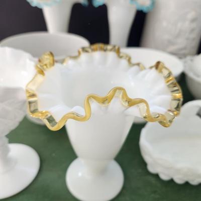 Large Lot of Milk Glass Glassware , Fenton Vases , Bowls, Cover Dishes , Chicken
