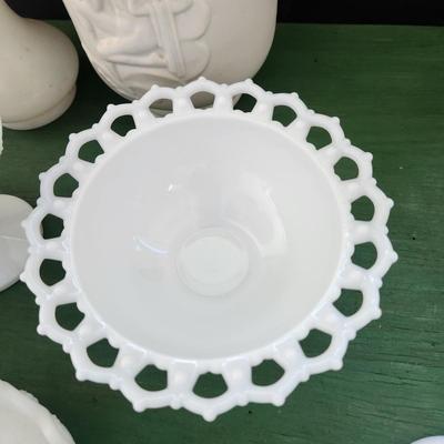 Large Lot of Milk Glass Glassware , Fenton Vases , Bowls, Cover Dishes , Chicken