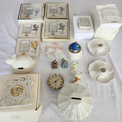 Mixed lot of Lenox , Bible Trinket, Candle holder, Heirloom Bank, Grinch, Clock, Picture Frames