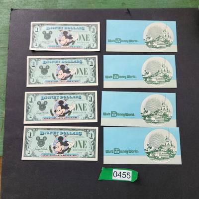4 Vintage Minty Disney Dollars $1 Bills Mickey Mouse Series 1988