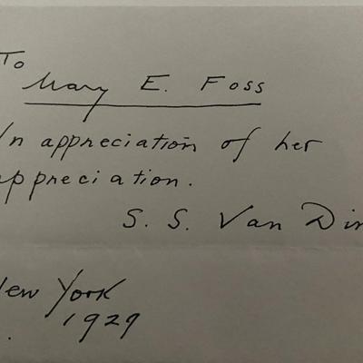 1929 S. Critic S. Van Dine aka Willard Huntington Wright signed note