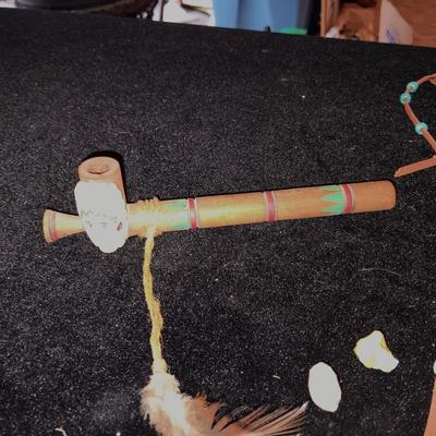 NATIVE AMERICAN INSPIRED PIPE AND LEATHER POUCH