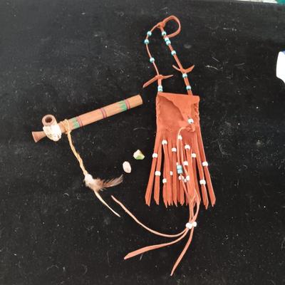 NATIVE AMERICAN INSPIRED PIPE AND LEATHER POUCH