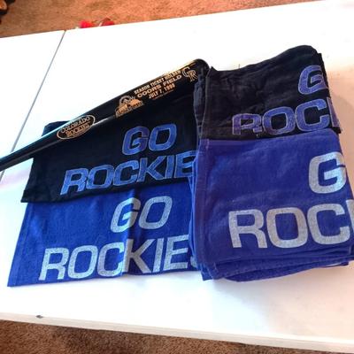 COLORADO ROCKIES SEASON TICKET HOLDER BAT AND MANY GO ROCKIES TOWELS