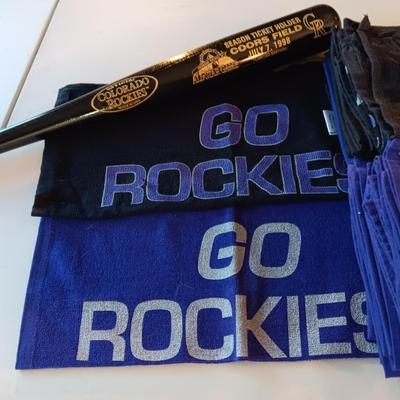 COLORADO ROCKIES SEASON TICKET HOLDER BAT AND MANY GO ROCKIES TOWELS