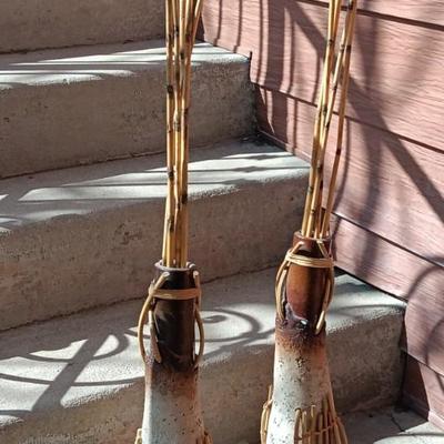 2 UNIQUE CLAY VASES WITH TALL SLENDER BAMBOO