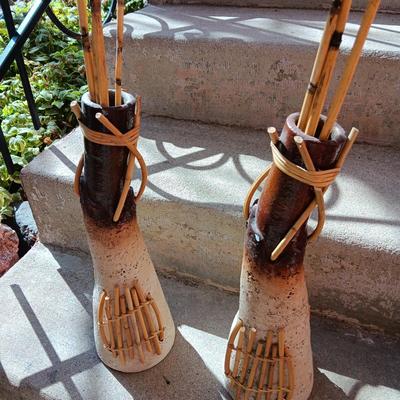 2 UNIQUE CLAY VASES WITH TALL SLENDER BAMBOO