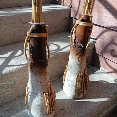 2 UNIQUE CLAY VASES WITH TALL SLENDER BAMBOO