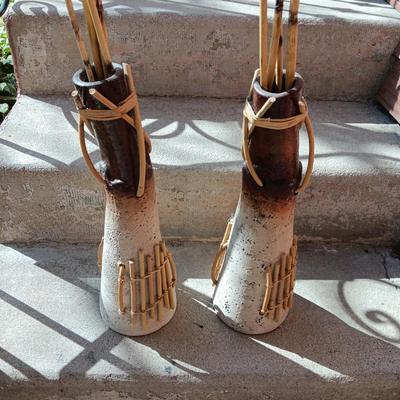 2 UNIQUE CLAY VASES WITH TALL SLENDER BAMBOO
