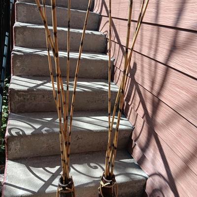 2 UNIQUE CLAY VASES WITH TALL SLENDER BAMBOO