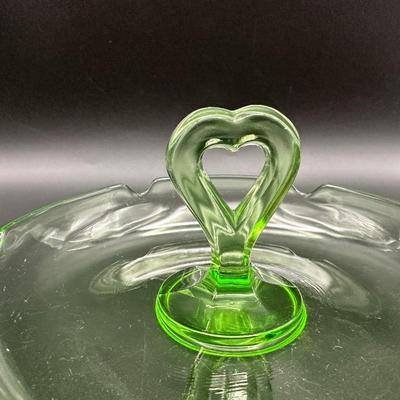 Vintage URANIUM Glass Heart Handle Ashtray/Trinket Dish
