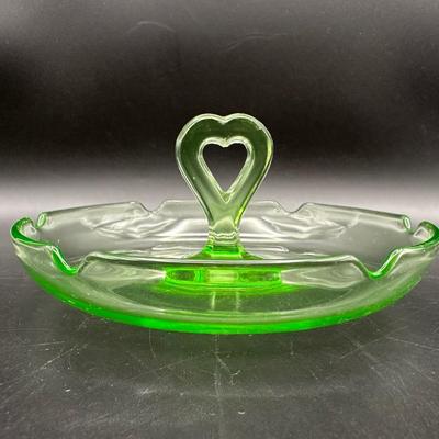 Vintage URANIUM Glass Heart Handle Ashtray/Trinket Dish