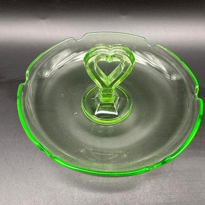 Vintage URANIUM Glass Heart Handle Ashtray/Trinket Dish