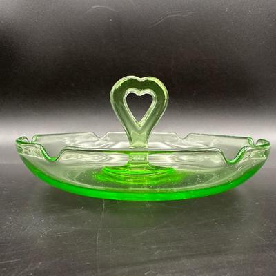 Vintage URANIUM Glass Heart Handle Ashtray/Trinket Dish