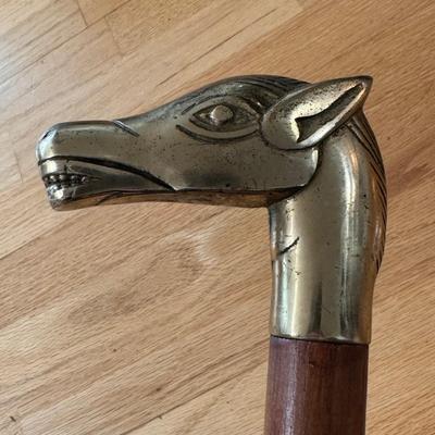Long Mid Century Shoe Horn and Wooden Cane w/ Brass Horse Head (DR-DZ)