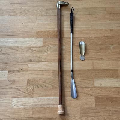Long Mid Century Shoe Horn and Wooden Cane w/ Brass Horse Head (DR-DZ)