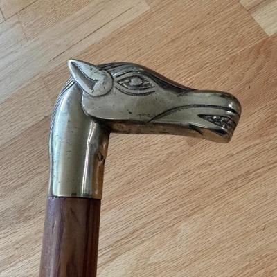 Long Mid Century Shoe Horn and Wooden Cane w/ Brass Horse Head (DR-DZ)