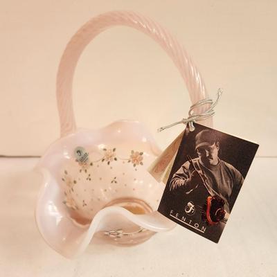 Lot #243 Fenton Art Glass Basket - pink flowers
