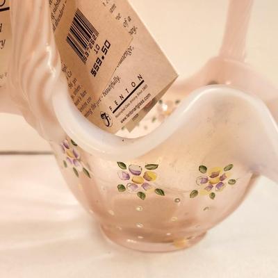 Lot #243 Fenton Art Glass Basket - pink flowers