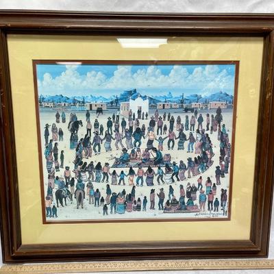 Framed Lithograph Watercolor Art: Tohono O'odham Gathered in a Ceremonial Dance by Michael Chiago