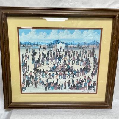 Framed Lithograph Watercolor Art: Tohono O'odham Gathered in a Ceremonial Dance by Michael Chiago