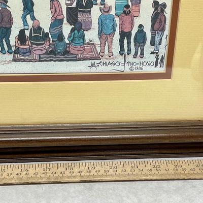 Framed Lithograph Watercolor Art: Tohono O'odham Gathered in a Ceremonial Dance by Michael Chiago