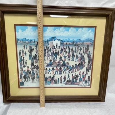 Framed Lithograph Watercolor Art: Tohono O'odham Gathered in a Ceremonial Dance by Michael Chiago